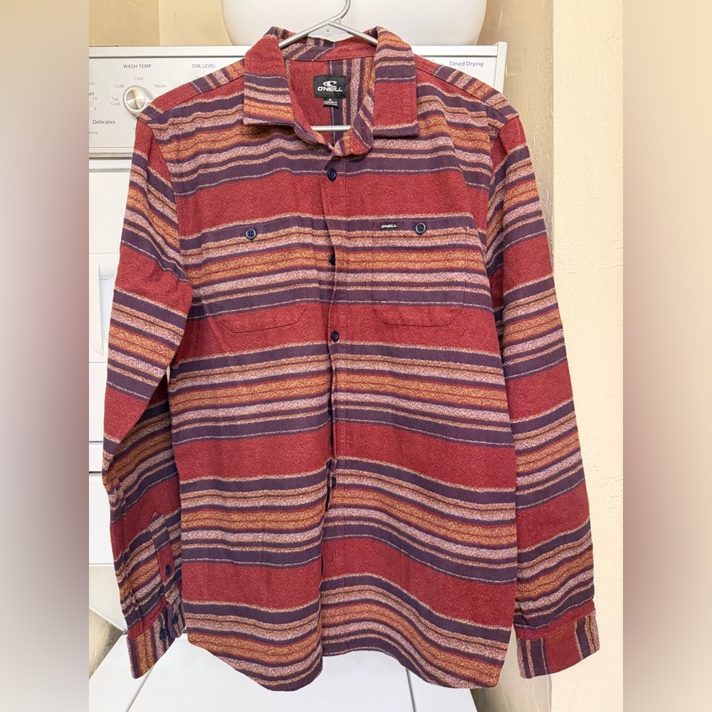 O'Neill Red and Brown Striped Casual Button Down Shirt